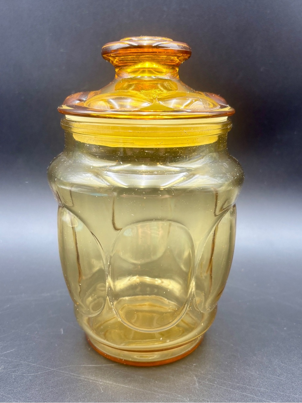 Vintage L.E. Smith Amber Glass Apothecary Canister Jar with Lid Thumbprint MCM